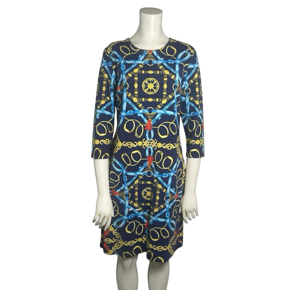 J. McLaughlin Sophia Catalina Cloth Dress M Navy Equestrian Chain Print MEDIUM